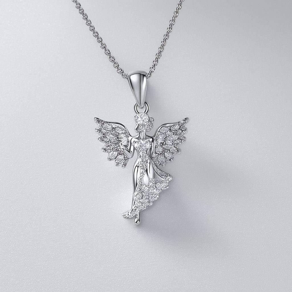Amazon Collection 10k White Gold Gemstone and Diamond Accent Angel Pendant, 18"