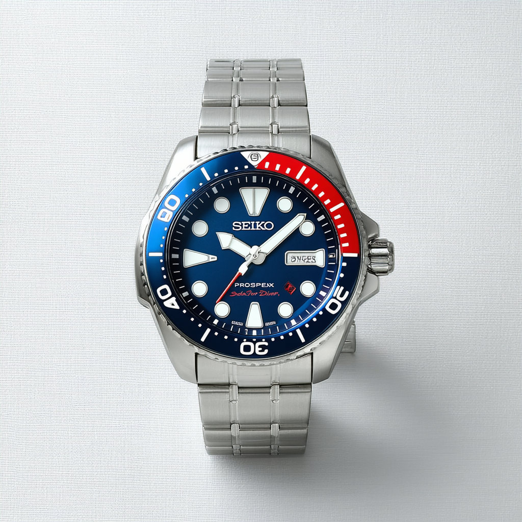 SEIKO PROSPEX Solar Diver's Blue and Red Bezel Stainless Steel Watch SNE591