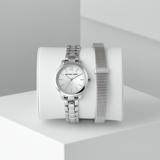 Michael Kors Women's Kacie Silver-Tone Watch and Bracelet Gift Set MK3567