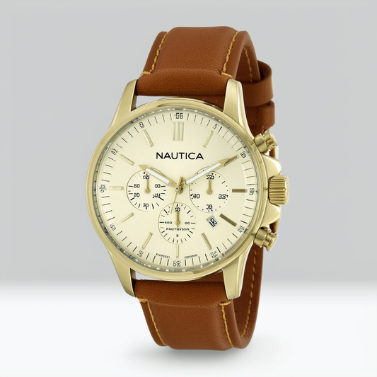 Nautica Men's N12563G BFD 101 Date Cream Dial Tan Leather Watch