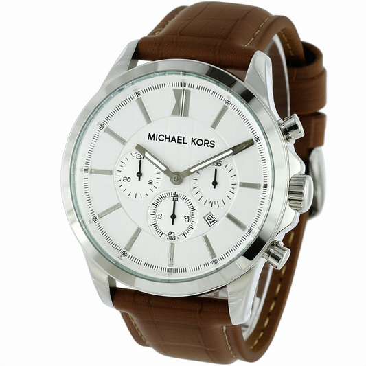 Michael Kors Men's MK7071 Penn Analog Display Quartz Brown Watch, Silver/White/Brown