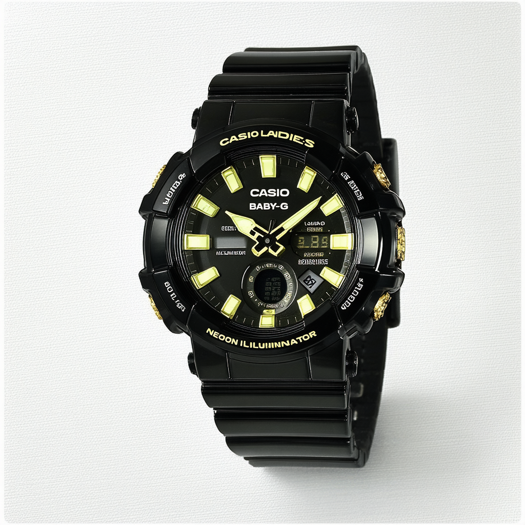 Casio Ladies Baby-G Neon Illuminator - Gold Dial with Gloss Black Resin Strap