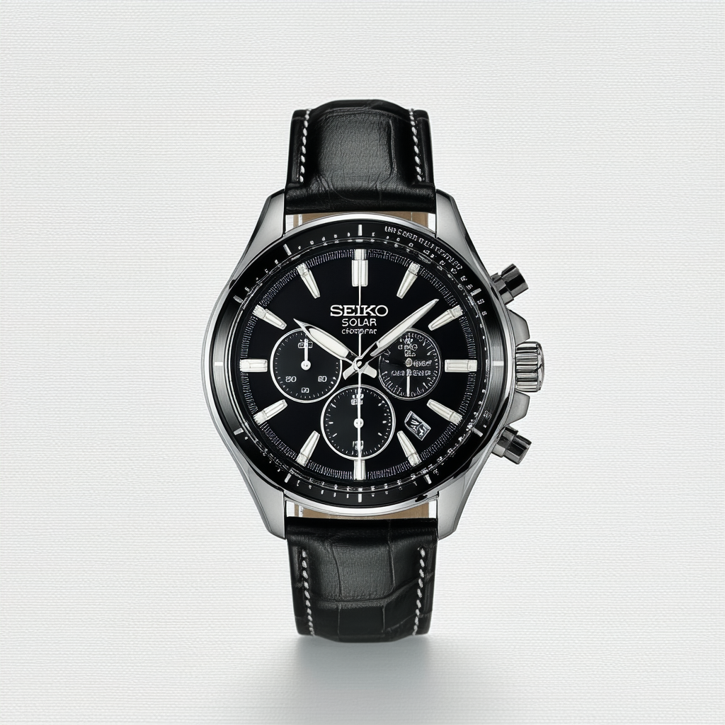Seiko Solar Chronograph Black Dial Black Leather Mens Watch SSC223P2