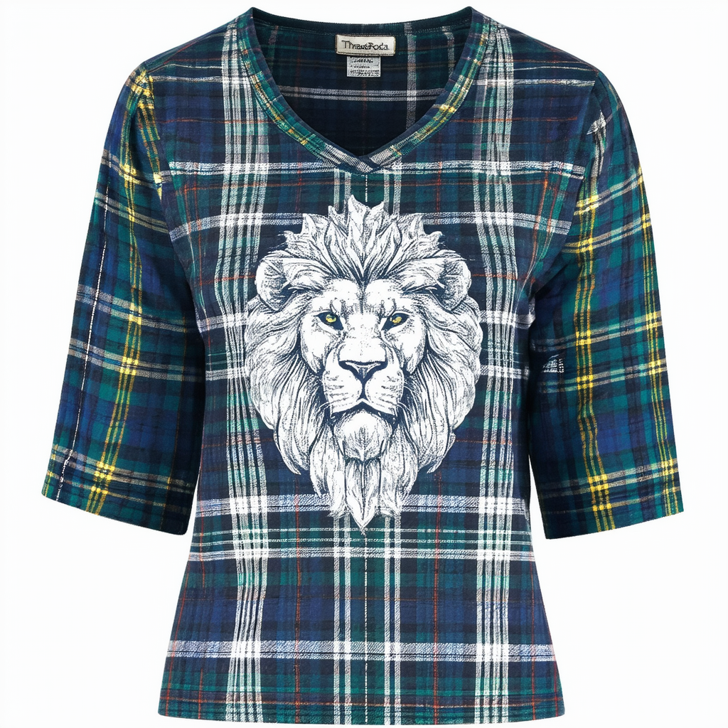 Threadrock Women's Plaid Lion of Scotland V-Neck T-Shirt
