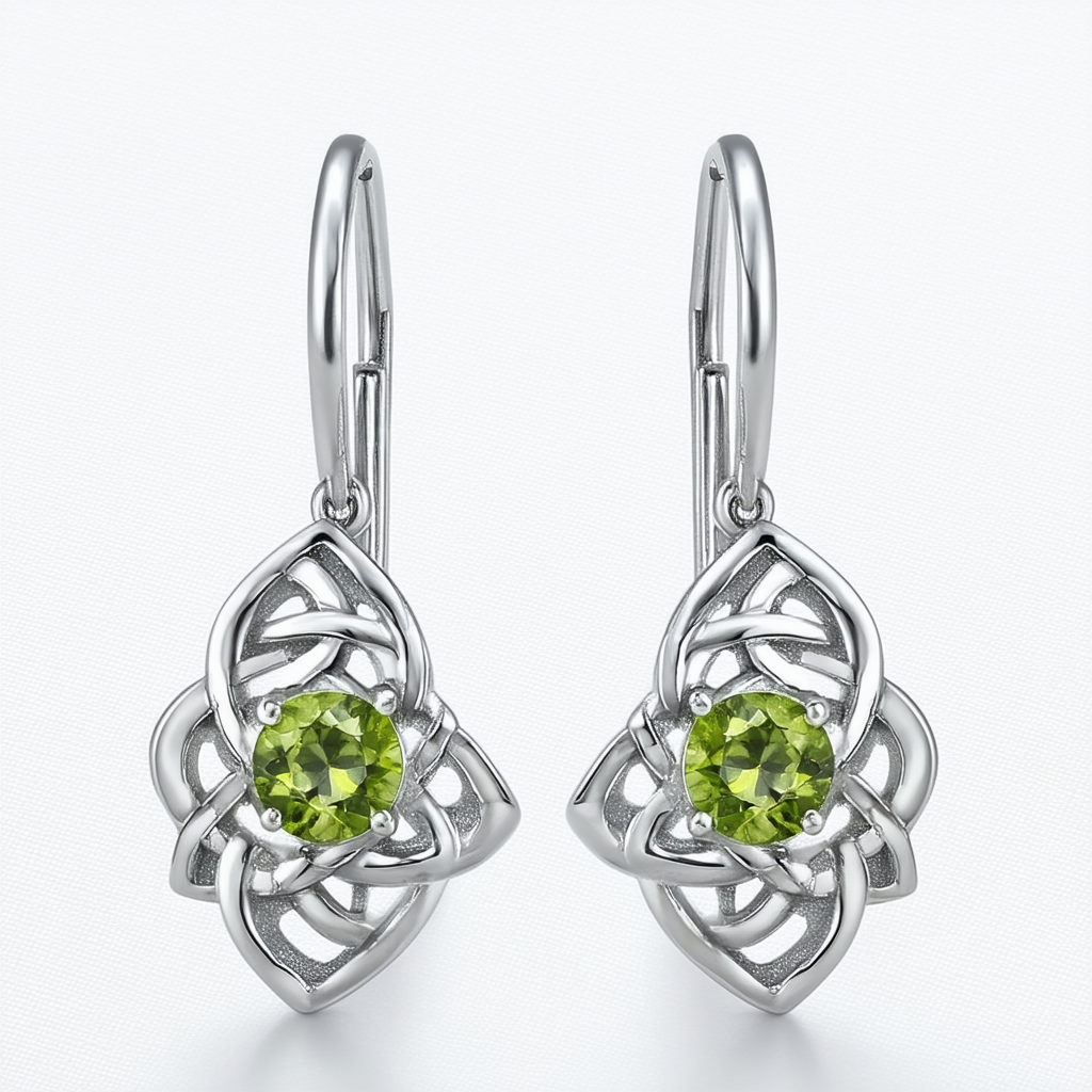 Amazon Collection Sterling Silver Round-Shaped Peridot Celtic Earrings