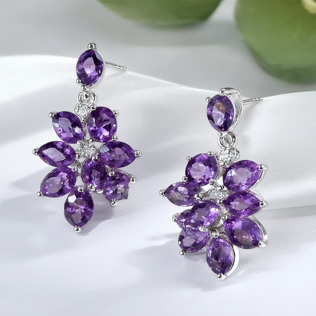 Amazon Collection Sterling Silver Faceted Amethyst Cluster Drop Earrings