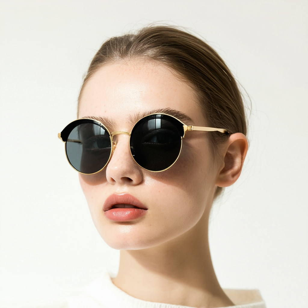 zeroUV Small Retro Fashion Half Frame Circle Round Sunglasses (Black-Gold)