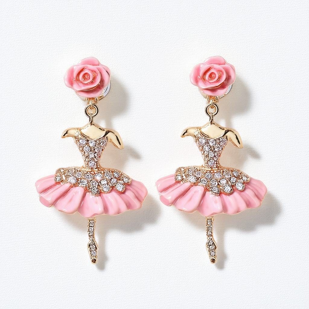 Betsey Johnson "Ballerina Rose" Pave Ballerina Drop Earrings
