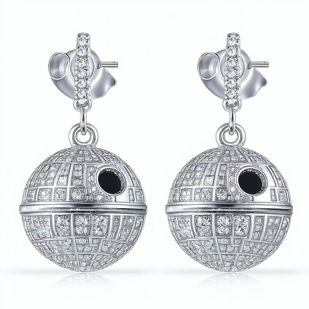 Star Wars Death Star Dangle Earrings 3D CZ Studded Stainless Steel Drop Earrings