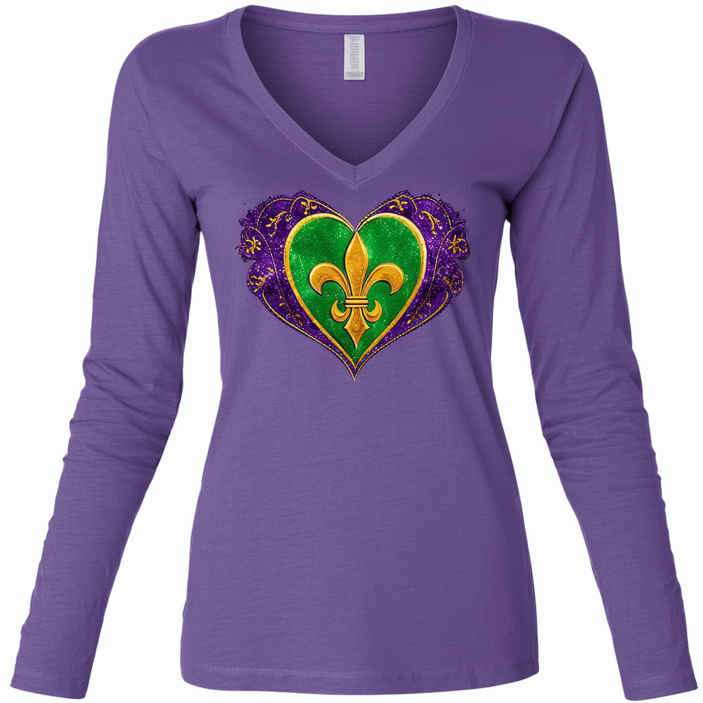 Threadrock Women's Mardi Gras Fleur De Lis Heart Long Sleeve V-Neck T-Shirt