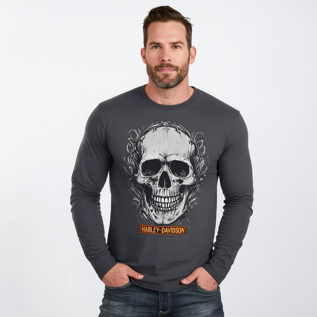 Harley-Davidson Men's Willie G Skull Long Sleeve T-Shirt Tee Charcoal 30296652