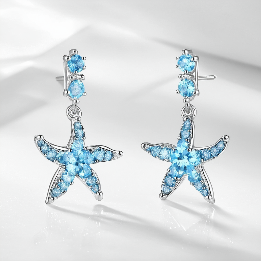 Amazon Collection Sterling Silver Blue Topaz Puff Starfish Drop Earrings