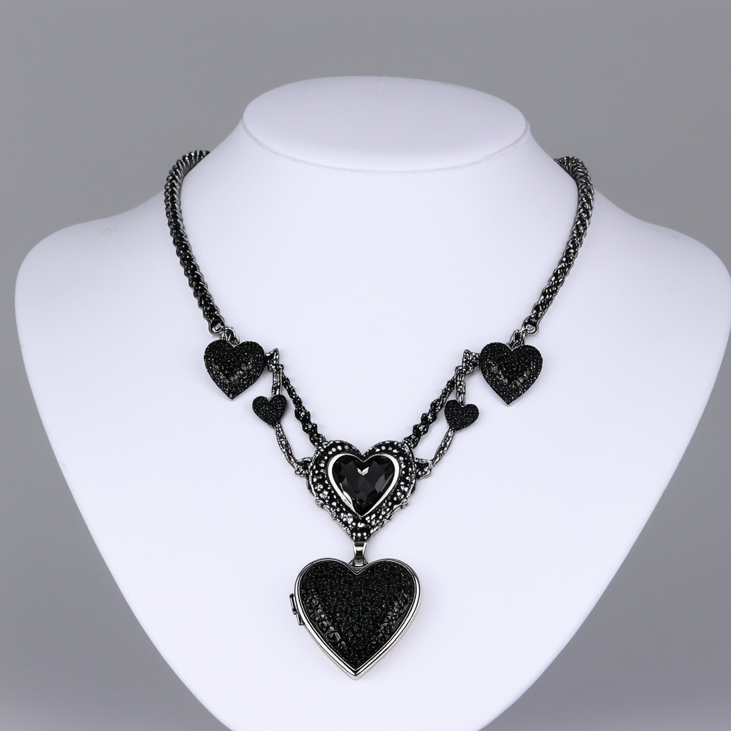 Betsey Johnson "Black Hearts Locket Long Pendant Necklace