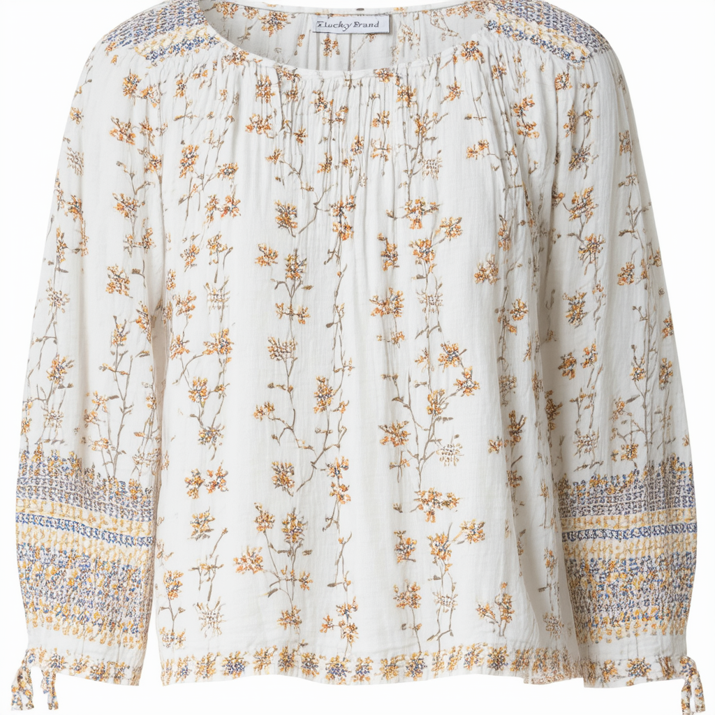 Lucky Brand Women's Woven Floral Top, White Ground Print, Large
