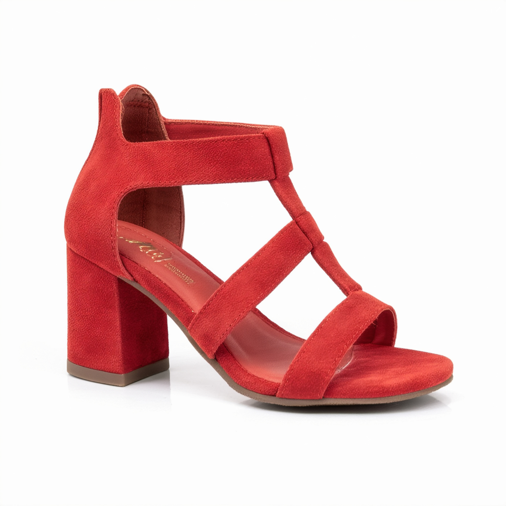 Women Nubuck Peep Toe Cut Out Chunky Heel Sandal FF38 - Red