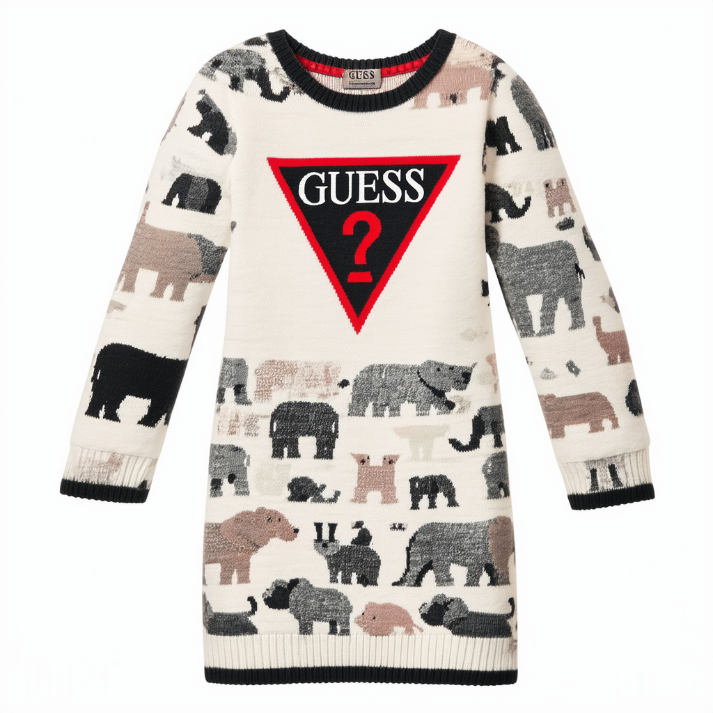 GUESS Girls' Big Animal Pattern and Logo Double Knit Sweater Dress