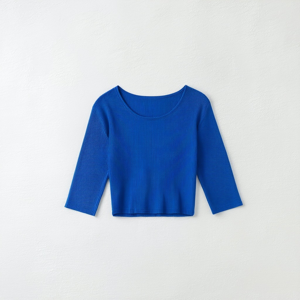Women Scoop Neck Long Sleeves Crop Top Slim fit Ribbed Knitted Basic Klein Blue Cropped T Shirt Top