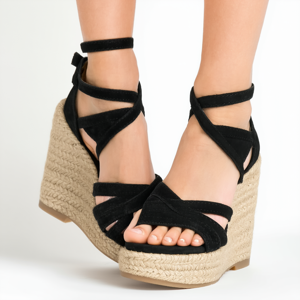 Qupid Collide-16 Nubuck Strappy Woven Platform Wedge Sandal - Black Nubuck PU
