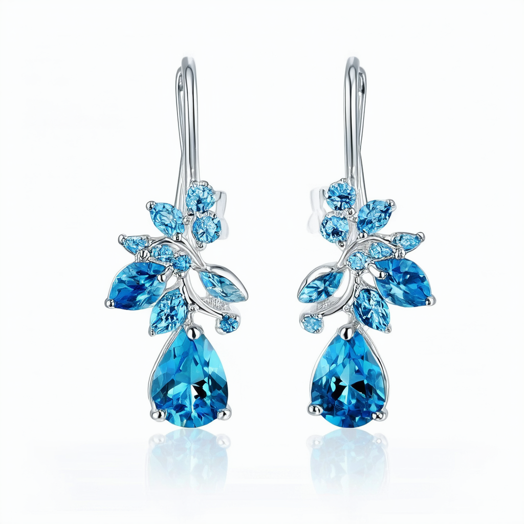 Amazon Collection Sterling Silver and Blue Swarovski Elements Drop French Wire Earrings