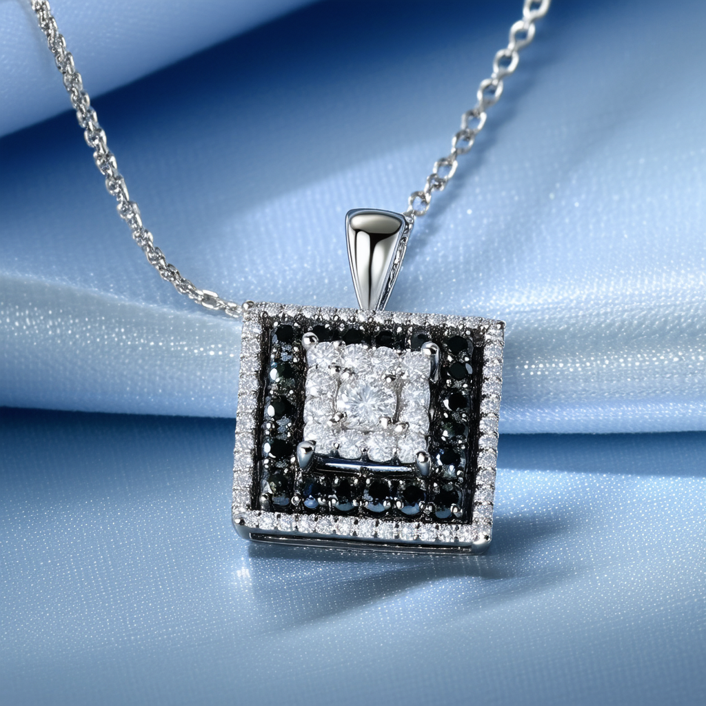 Amazon Collection 10k White Gold Black and White Diamond (1/7cttw) Square Pendant Necklace, 18"