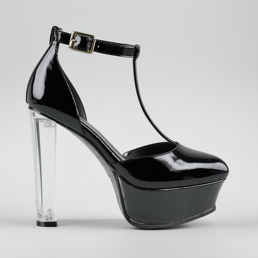 Qupid Monte-02 Leather Round Toe Platform Lucite Pump AB24 - Black Leatherette