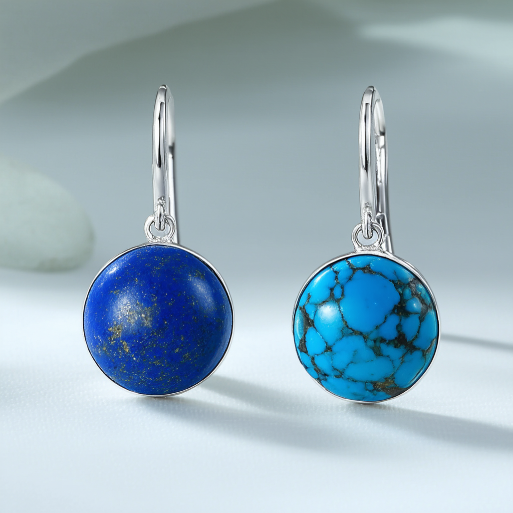 Amazon Collection Sterling Silver Simulated Lapis Turquoise Round Drop Earrings