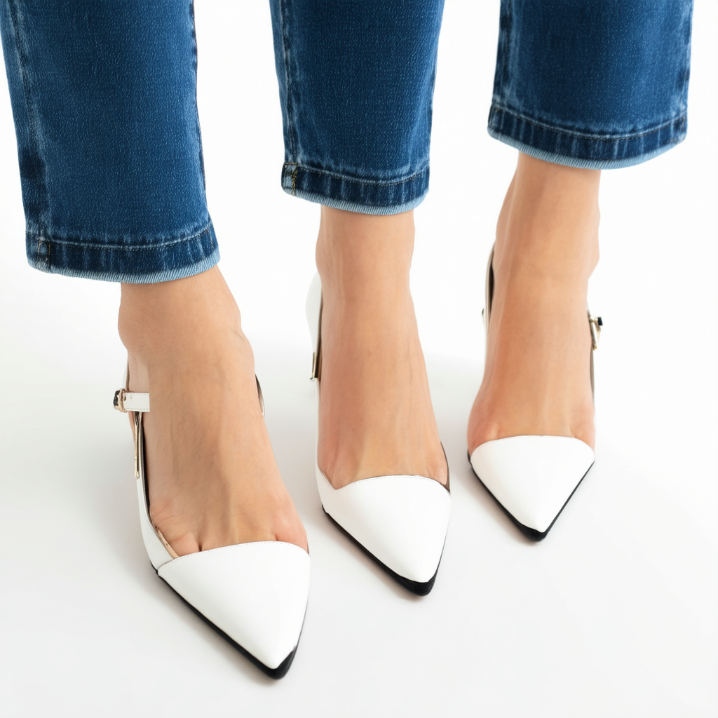 Qupid Pointer-40 Leatherette Two Tone Ankle Strap Pointy Toe Flat AE49 - White