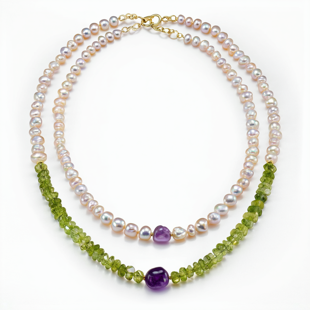 Amazon Collection Freshwater Cultured Coin Pearl, Peridot, and Amethyst Double-Strand Necklace