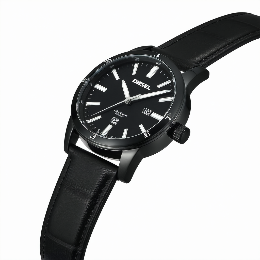 Diesel DZ1514 Gents Striking Black Dial Black Leather Strap Quartz Watch