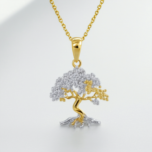 14k White and Yellow Gold Living Tree Chain Pendant Necklace, 18"