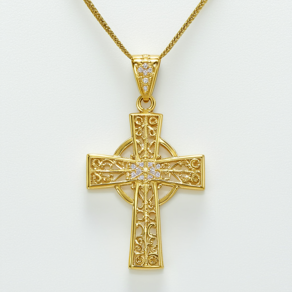 Amazon Collection 14k Yellow Gold Filigree Cross Pendant Necklace, 19.13''