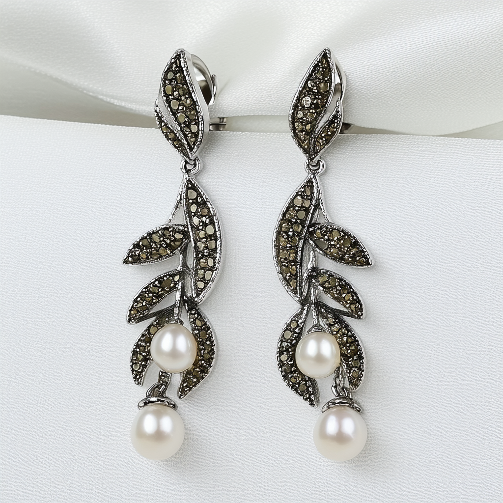 Amazon Collection Sterling Silver Marcasite and Epoxy Pearl Leaf Drop Earrings