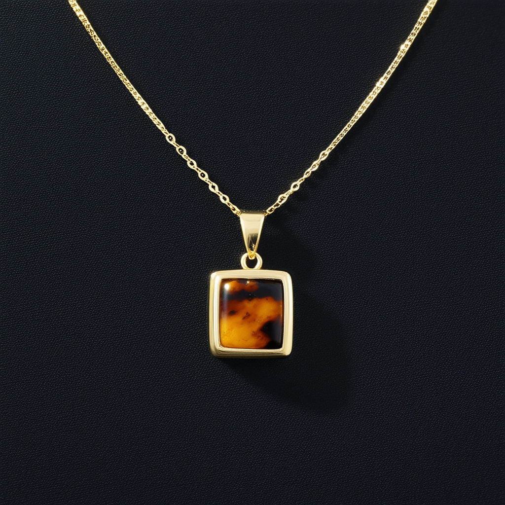 Amazon Collection 14k Gold Over Sterling Silver Brown Resin Square Pendant Necklace, 18"