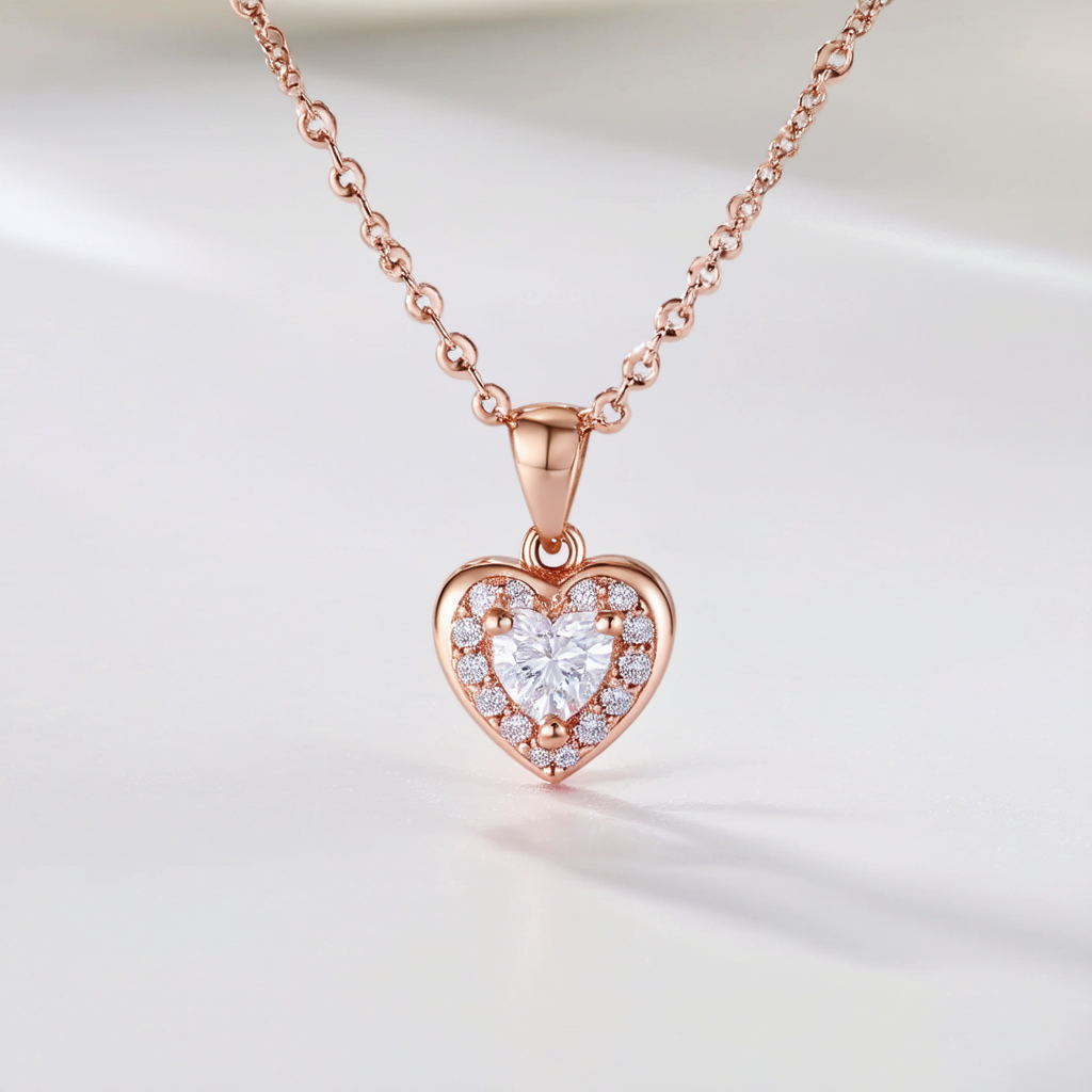 Amazon Collection Rose Goldtone Finish Silver Cubic Zirconia Heart Pendant Necklace, 18"