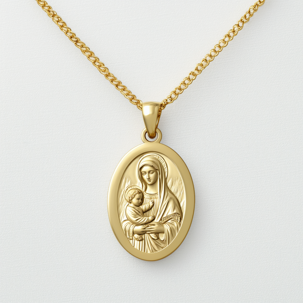 Amazon Collection 14k Gold Two-Tone Mama Mary and Baby Jesus Oval Medal Necklace, 18"