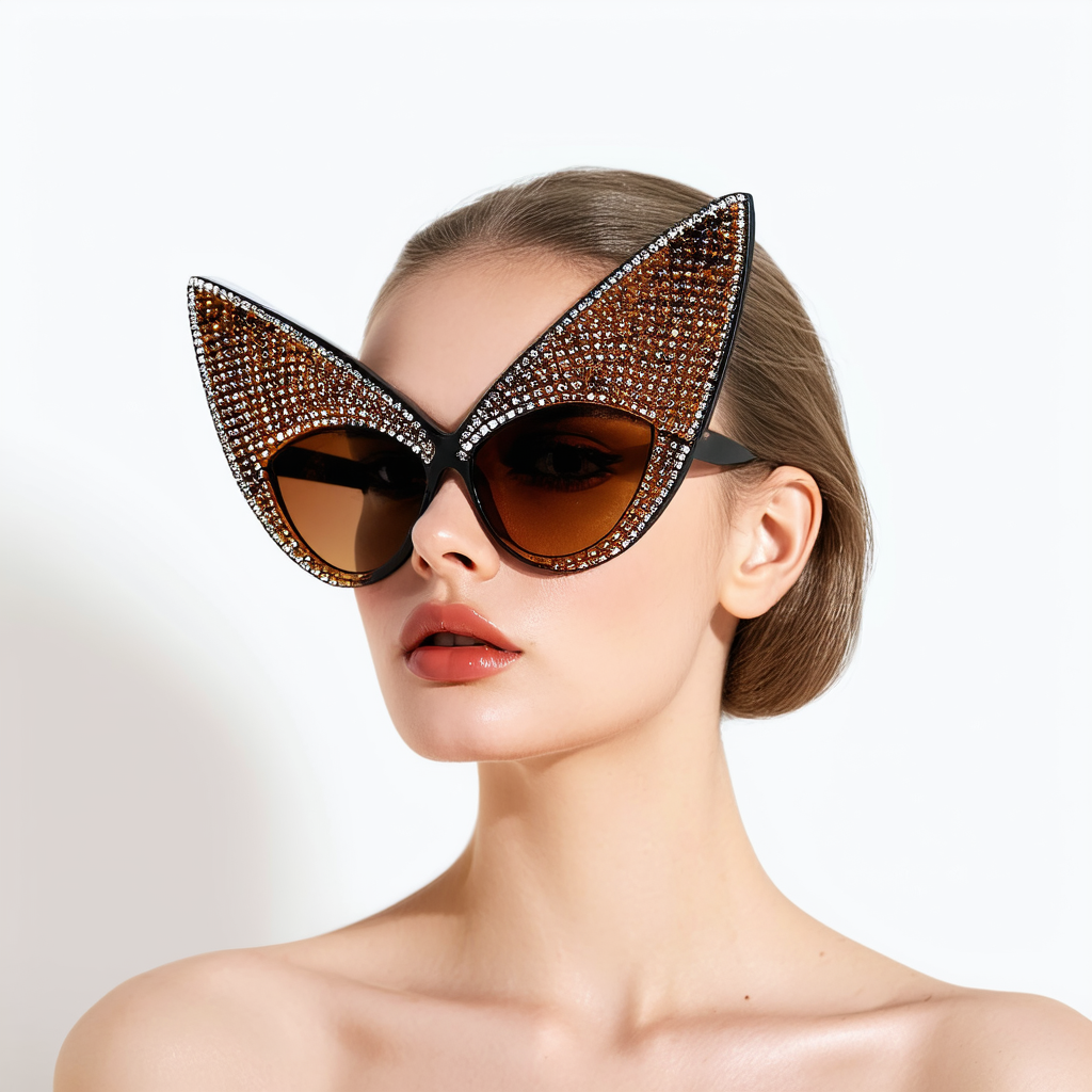 Womens Fashion Rhinestone Studded Cat Eye Sunglasses (Brown-Fade)