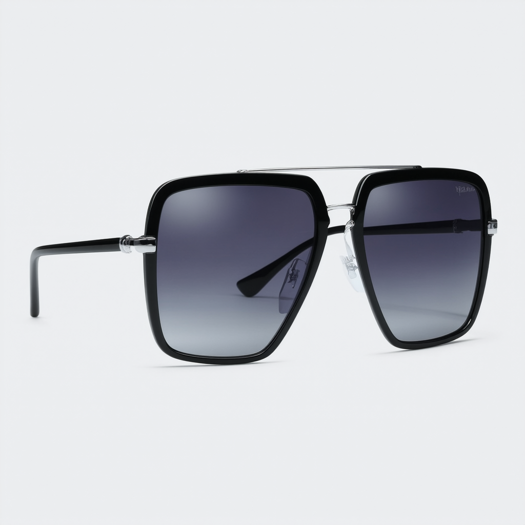 Large Oversized Square Flat Top Plastic Aviator Sunglasses (Black-Silver)