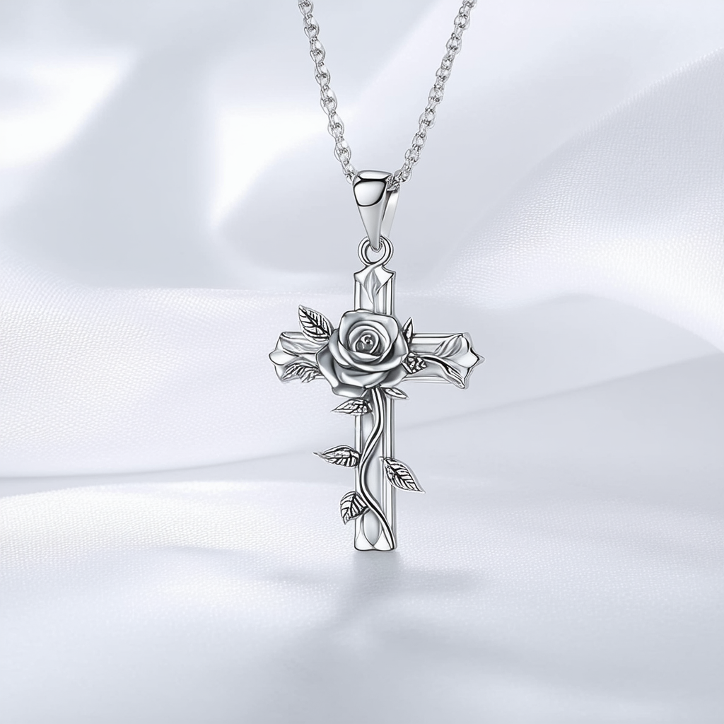 Amazon Collection Sterling Silver Cross with Rose and Leaves Pendant Necklace