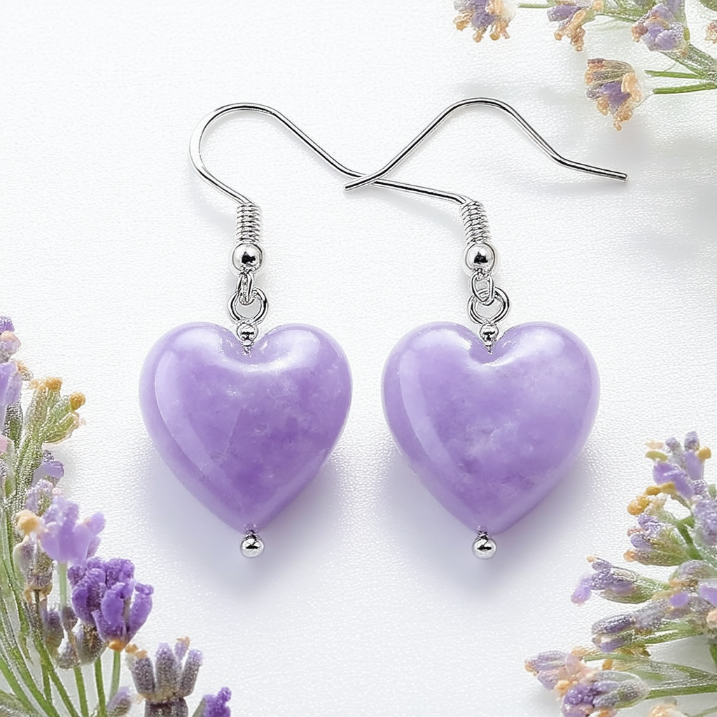 Amazon Collection Sterling Silver Lavender Chinese Jade Heart Drop Shepherd's Hook Earrings