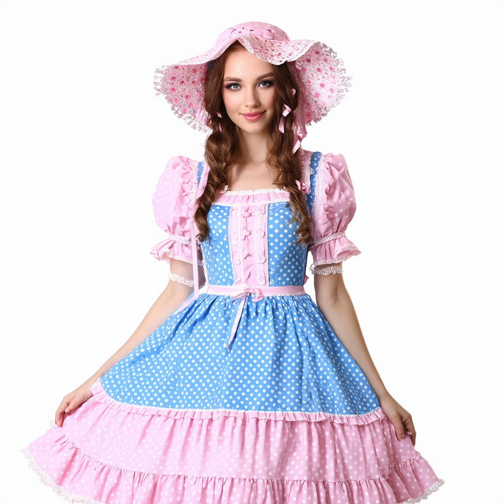 Little Bo Peep Costume for Women, with Pink and Blue Bonnet, Polka Dot Dress