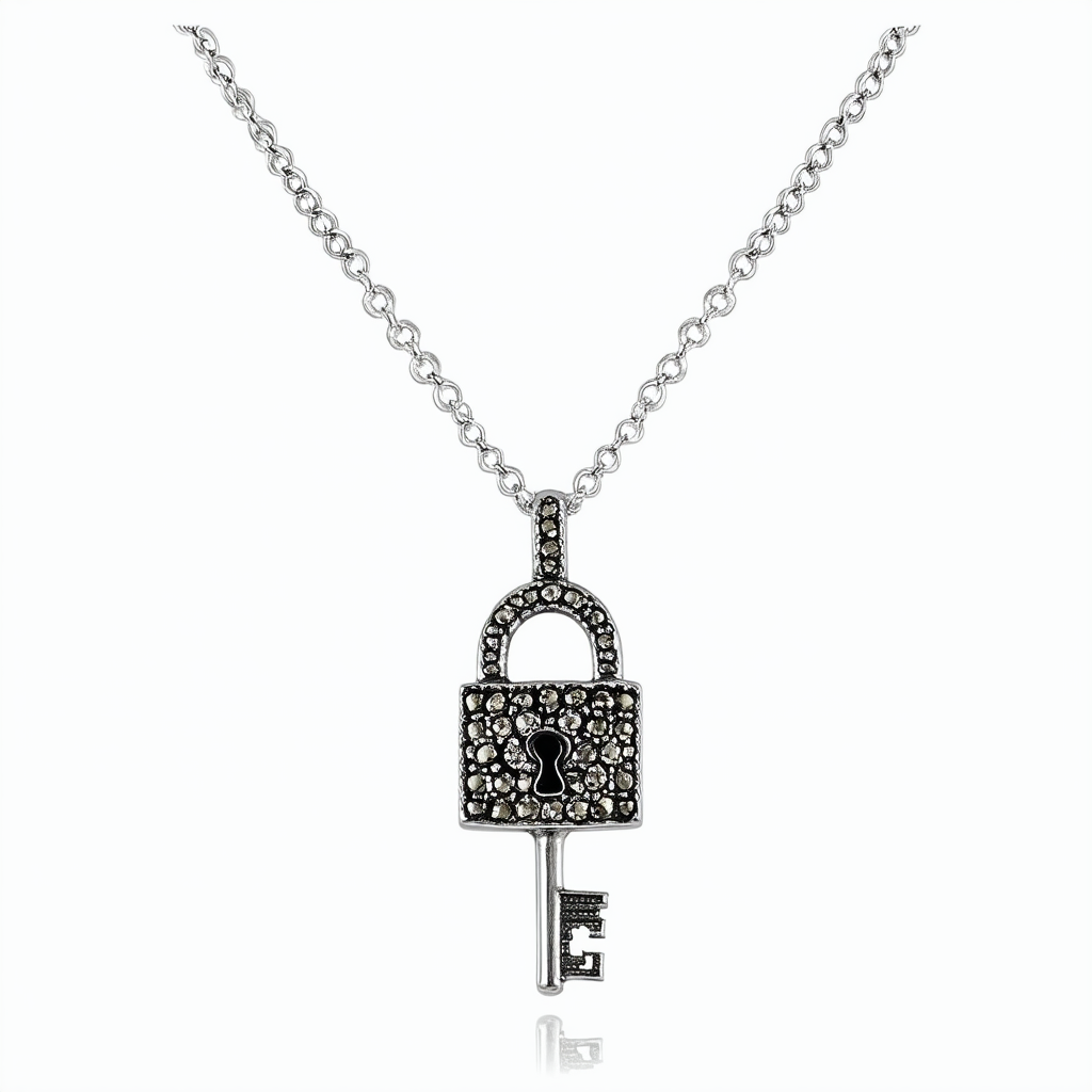 Amazon Collection Sterling Silver Marcasite Lock and Key Pendant Necklace , 18"