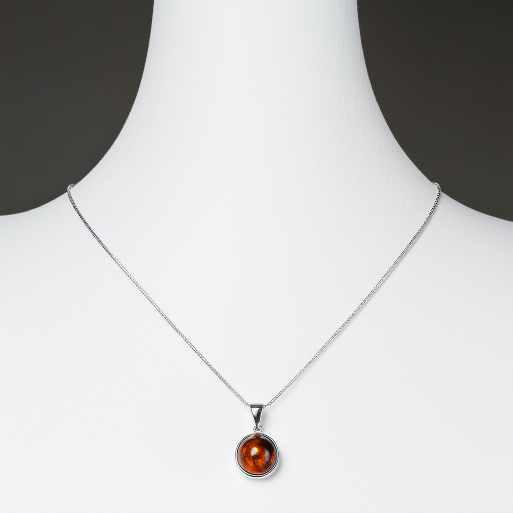Sterling Silver and Cherry Amber Round Chain Pendant Necklace, 18"