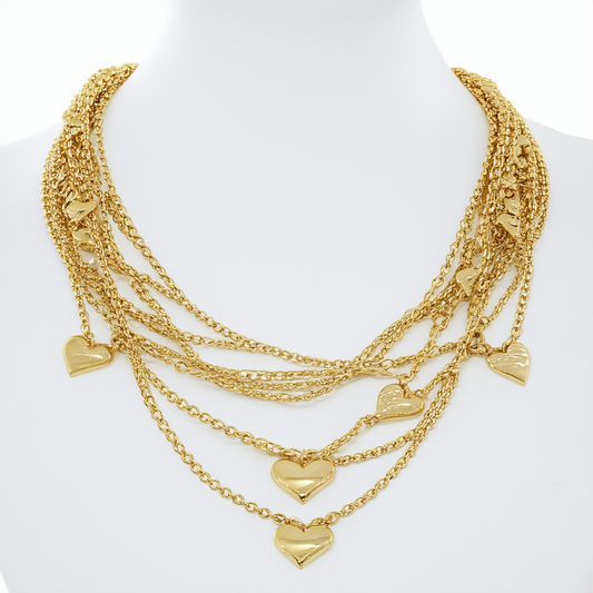 14k Yellow Gold Multi-Strand Heart Drop Necklace