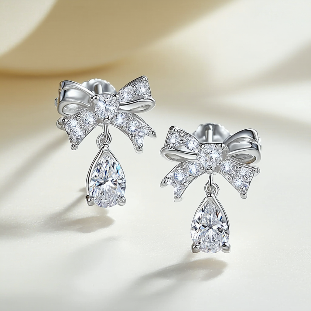 Amazon Collection Sterling Silver Faceted Cubic Zirconia Bows Teardrop Earrings