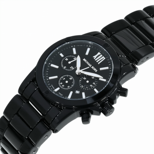 Michael Kors Women's Black Plastic Link Bracelet Quartz Chronograph Black Dial