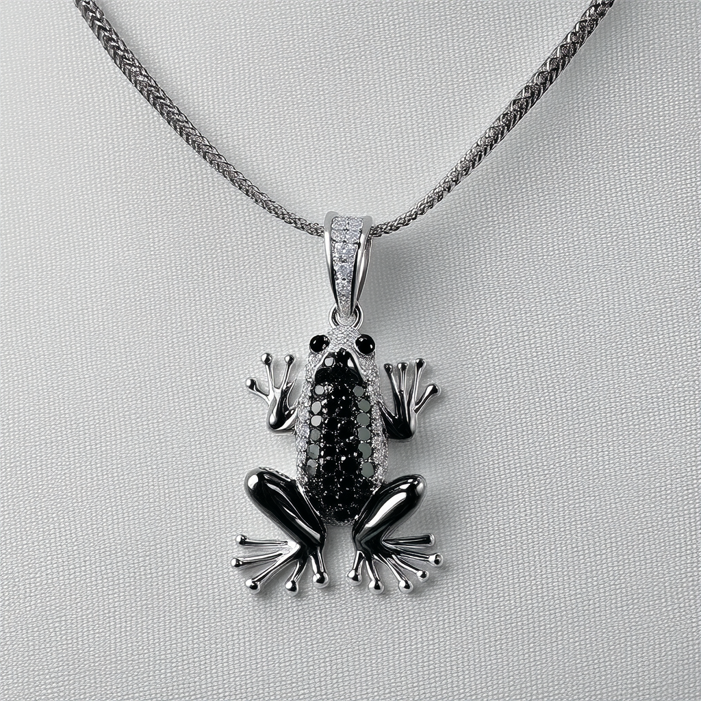 Amazon Collection Sterling Silver Black and White Cubic Zirconia Frog Pendant Necklace, 18"