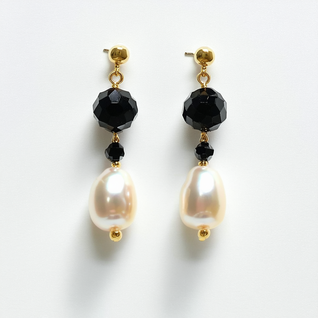 Amazon Collection Cream Simulated Pearl and Black Faceted Bead Drop Earrings