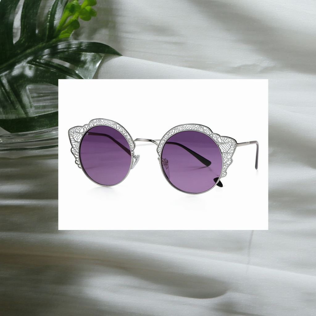 Womens Fashion Metal Cut-Out Lace Circle Round Sunglasses (Silver Lavender)