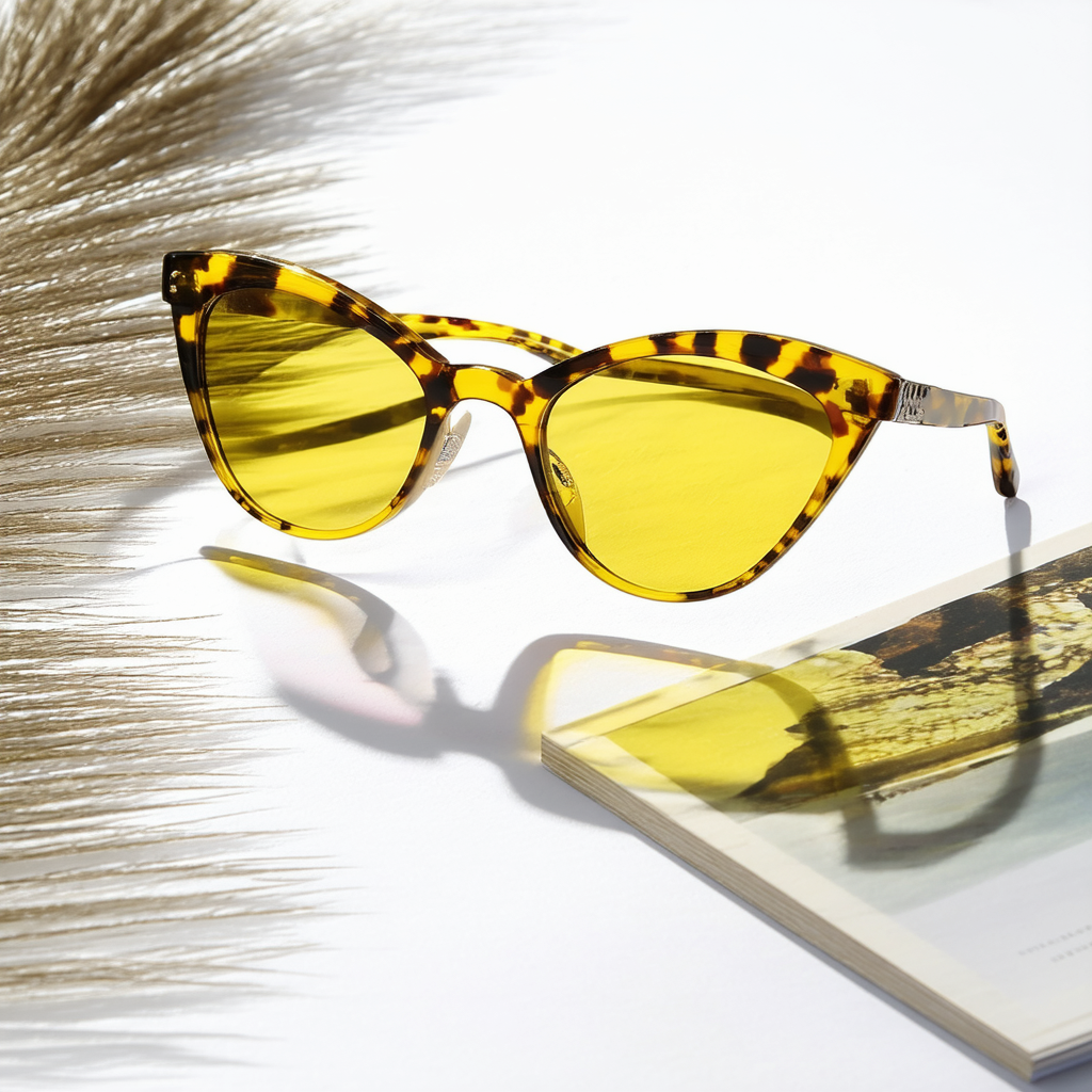 Womens Mod Fashion Semi-Rimless Cat Eye Sunglasses (Yellow-Tortoise)
