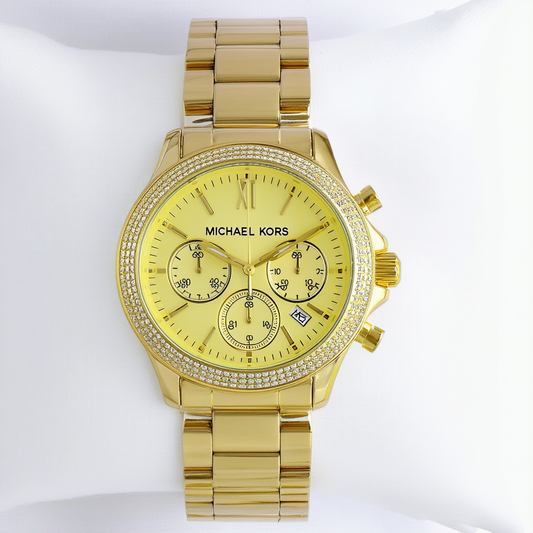 MICHAEL KORS WOMENS STAINLESS STEEL YELLOW GOLD CHRONO DATE WATCH MK5986